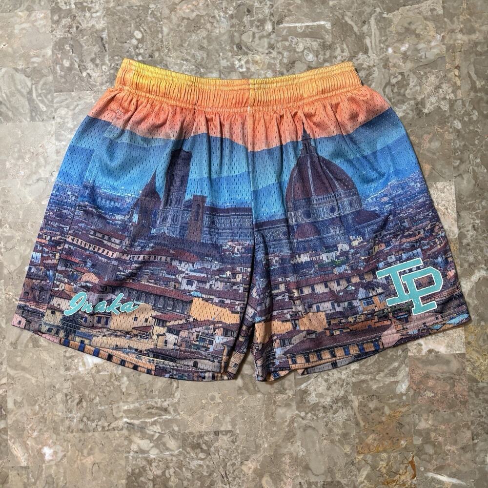Inaka Power Shorts Mens Medium Florence Italy Print Drawstring 5" Mesh Flowy